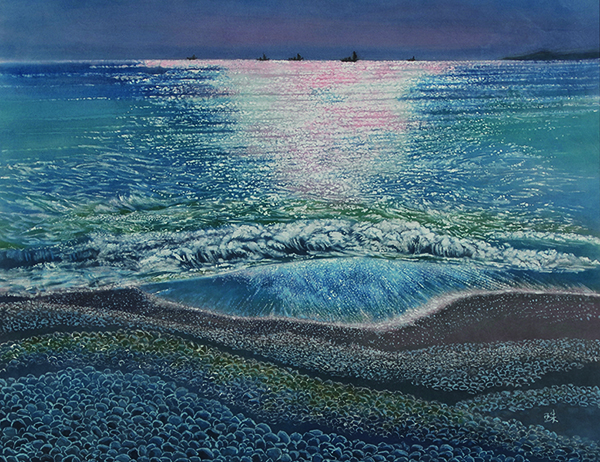2022年4月　第70回記念 光陽展　芹澤 珠代　（ｾﾘｻﾞﾜ ﾀﾏﾖ）　海 煌めく時　（染）　F50